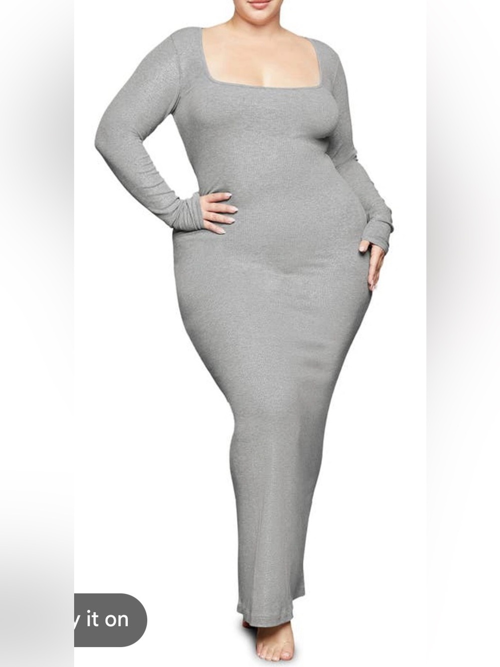 SKIMS Maxi Long Sleeve Women’s 2X Gray Soft Lounge Ribbed Romantic Bodycon Dress